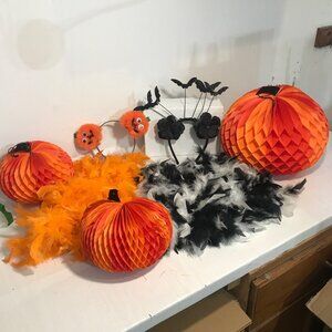 Halloween Pumpkin and Bat Headbands Feather Boas 60" Pumpkin Paper Decorations